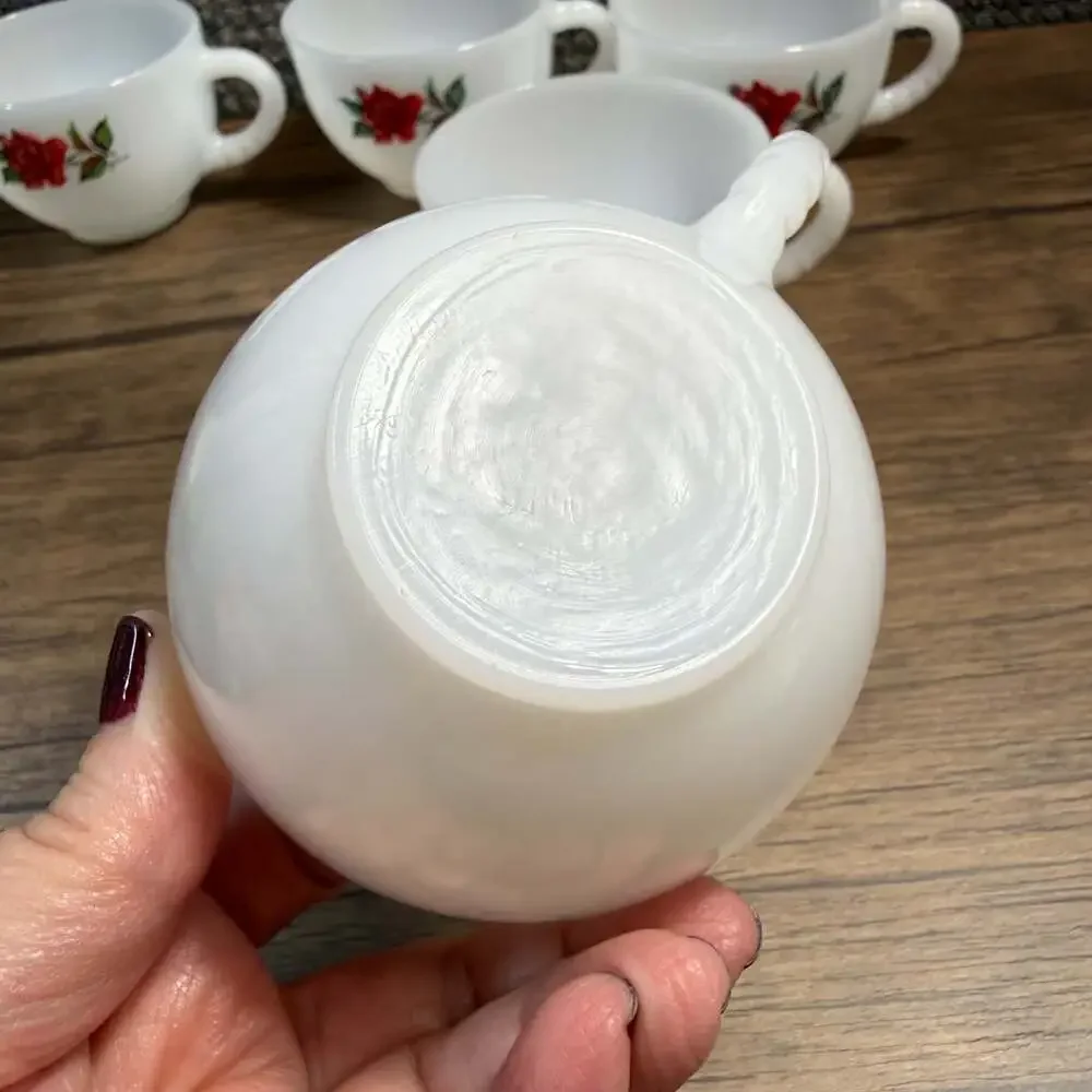 Vintage Rosecrest Federal Milk Glass Cups Red Rose Pattern Set of 5